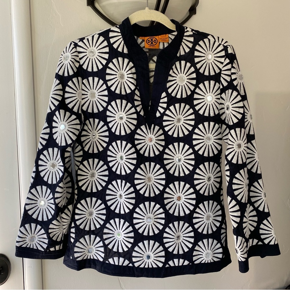 Tory Burch navy blue and white embroidered mirror tunic shirt